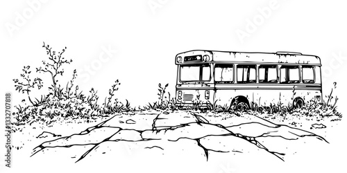 abandoned bus on cracked road doodle black vector ink sketch