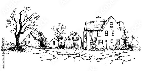 abandoned village with cracked ground doodle black vector ink sketch