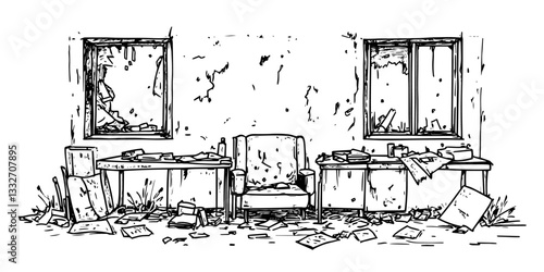 abandoned room with broken furniture doodle black vector ink sketch