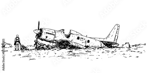 crashed abandoned airplane in desolate landscape doodle black vector ink sketch