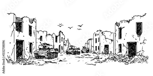post apocalyptic buildings destroyed by tanks, ruined buildings during war black sketch doodle vector
