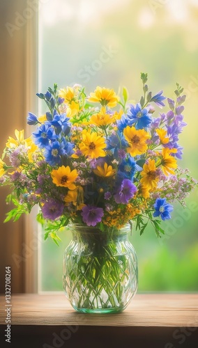 Wallpaper Mural Freshly arranged wildflower bouquet in a glass jar placed on a wooden surface with soft natural light filtering through a nearby window Torontodigital.ca