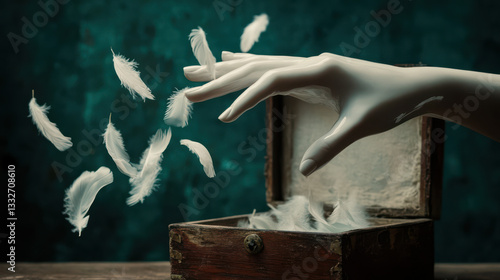 An empty porcelain hand reaching towards a small, open wooden box, with delicate white feathers escaping from within