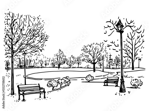 park landscape with benches and trees doodle black vector ink sketch