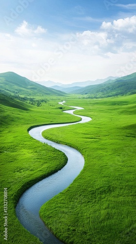 Scenic Serpentine River Flowing Through Lush Green Landscape Under Sky