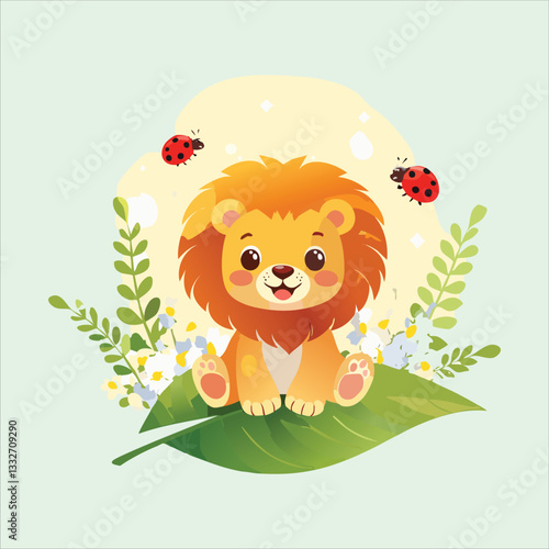 cute cartoon lion cub in meadow vector illustration