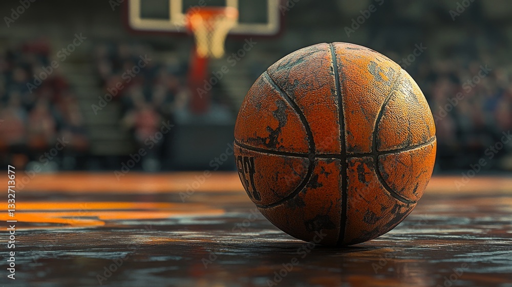 Close up of a basketball on a shiny court with basketball net and people blurred in the background Close up of a basketball on a shiny court with basketball net and people blurred in the background