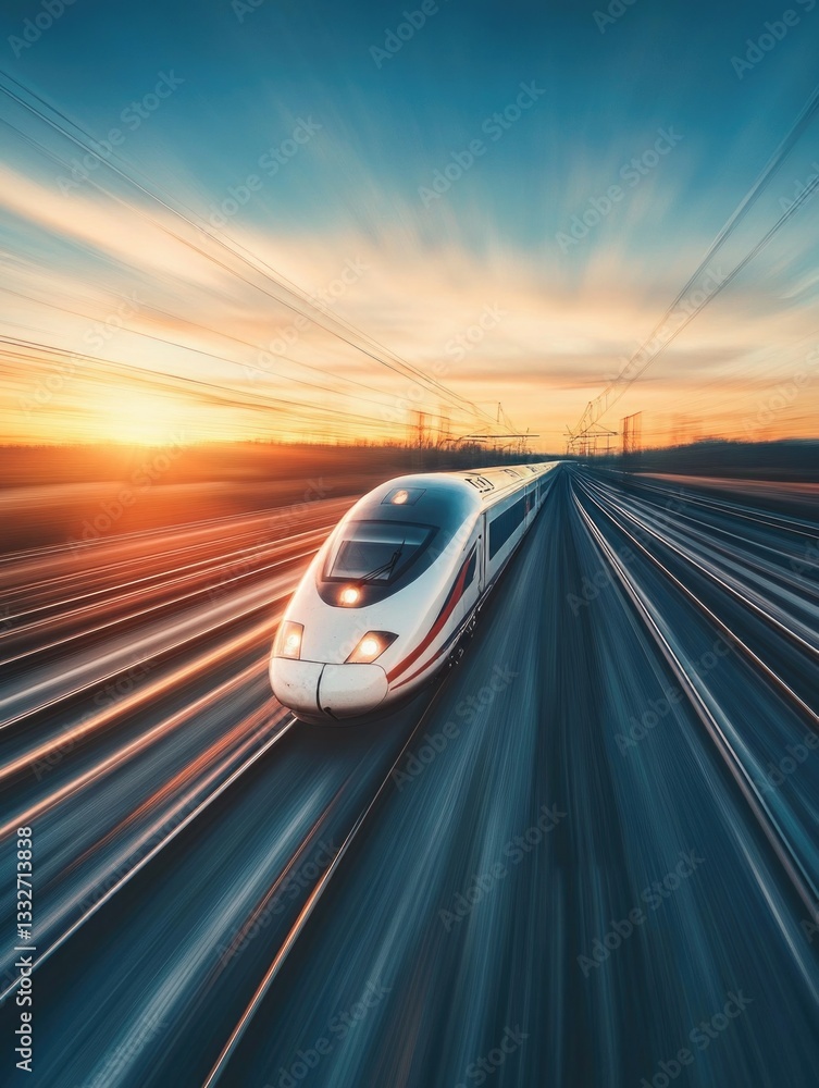 Obraz premium White train on sunset tracks