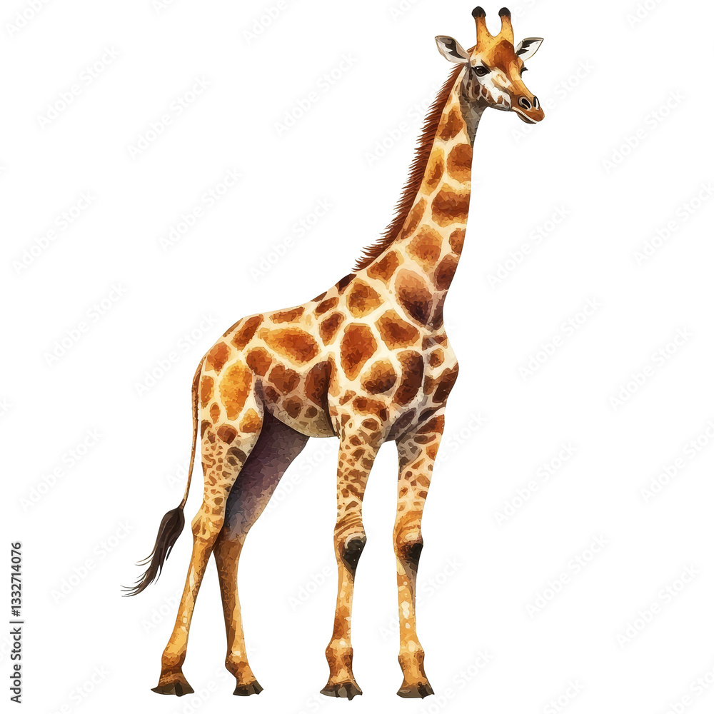 Naklejka premium A watercolor painting of a giraffe standing tall against a transparent background in a vibrant artistic style, Watercolor giraffe isolated on transparent background