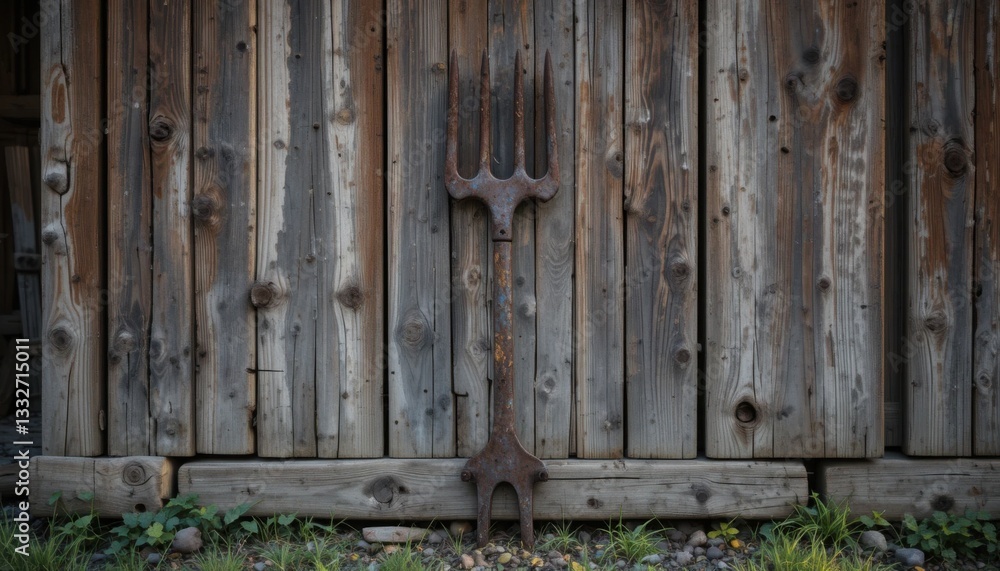 Rustic farming tool displayed against weathered wooden barn agricultural equipment rural setting close-up perspective Rustic farming tool displayed against weathered wooden barn agricultural equipment rural setting close-up perspective