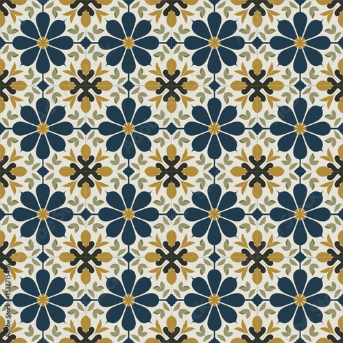 Bold Navy and Beige Floral Tile Seamless Pattern with a Structured Design