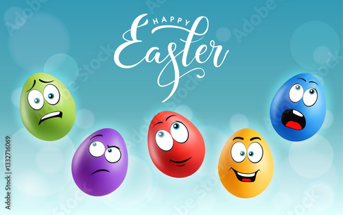 Color eggs with funny faces on gradient background. Different emotions, cartoon smile. Set of eggs emoji banner. Happy Easter holiday poster illustration. Various colours.