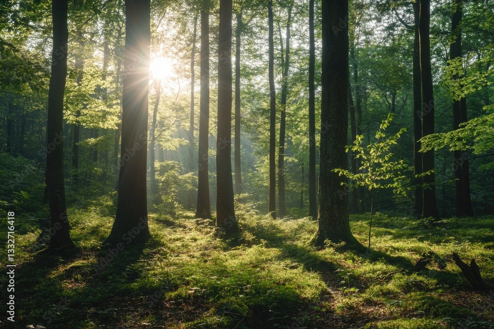 Fototapeta premium Sunlight filtering through forest trees