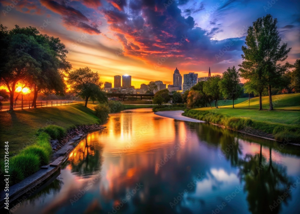 Fototapeta premium Long Exposure Sunset City Park Photography: Rivers, Trees, Skyline, Urban Landscape