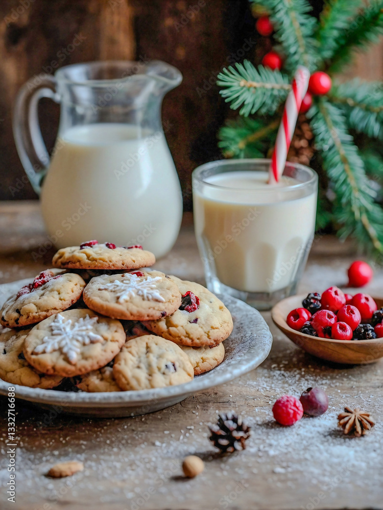 Christmas cookies with milk and dried berries in rustic setting. Christmas cookies with milk and dried berries in rustic setting.