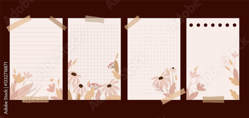 Notepad sheets templates set with floral botanical elements. lined, grid, dot, and blank pages with washi tape details. for journaling, planner, stationery, scrapbooking, digital note taking.Vector