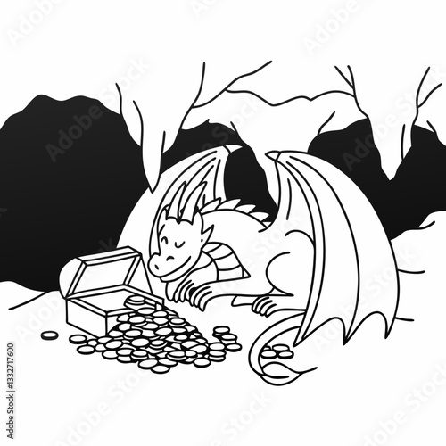 Friendly dragon illustration, line art design with treasure in a cave setting
