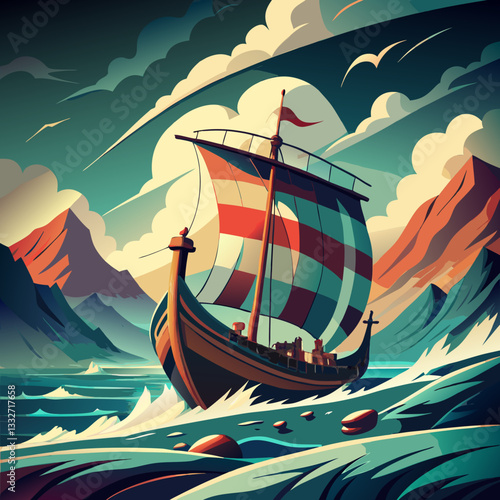 Viking ship illustration, dynamic design in turbulent waters with dramatic mountains
