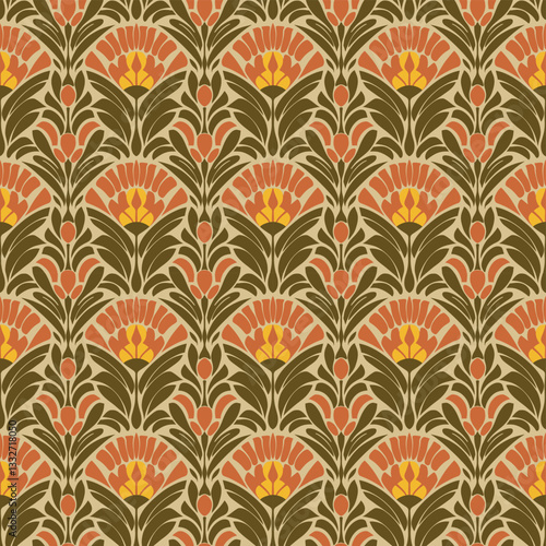 Rustic Orange and Green Ornamental Tile Seamless Pattern