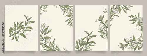 Elegant botanical posters with hand drawn olive branches with olives on soft neutral backgrounds. Minimalist and nature, invitations, greeting cards, stationery, prints, and packaging design.Vector