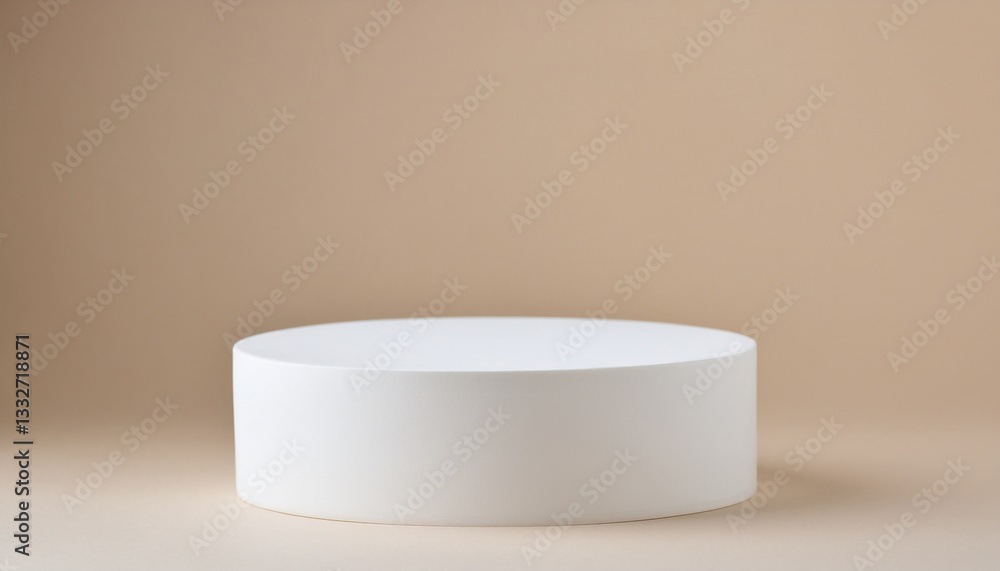Elegant round white podium against beige backdrop. Empty pedestal for product presentation. Elegant round white podium against beige backdrop. Empty pedestal for product presentation.