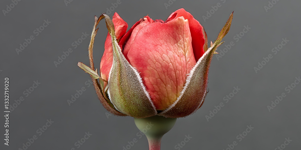 Fototapeta premium A beautifully intricate rosebud, symbolizing tenderness and potential, captivates with its soft hues.