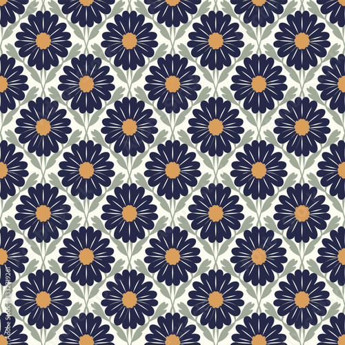 Intricate Navy and Gold Floral Tile Seamless Pattern with Geometric Design