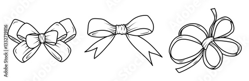 A set of bows in a line. A bow for wrapping gifts for birthday, wedding, Christmas, New Year. Vector illustration isolated on a white background.