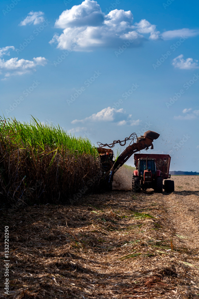 Harvesting machine working in sugar cane field in Brazil