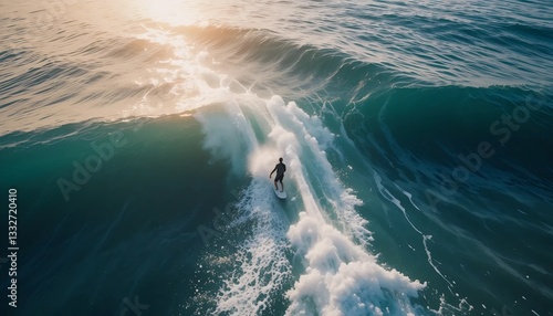 Aerial view with surfing on wave. Perfect waves with surfers in ocean