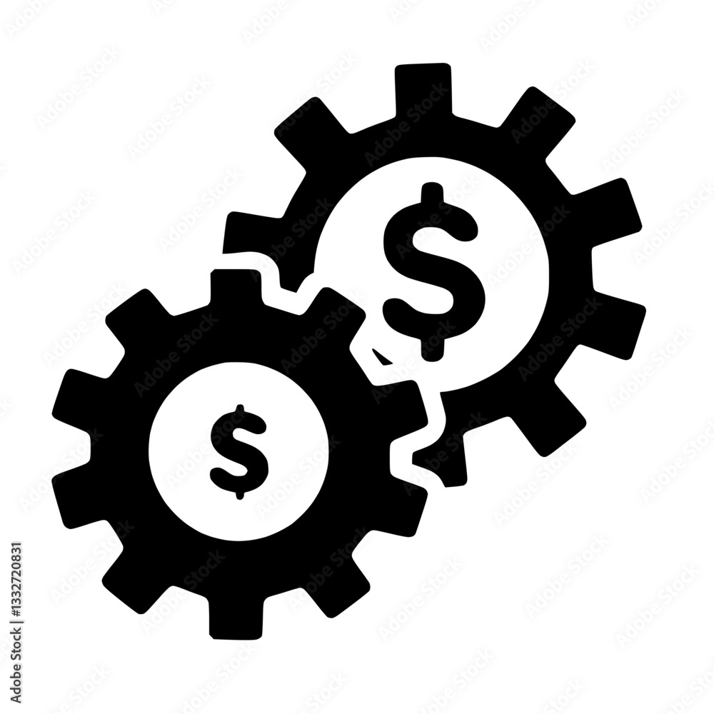 Silhouette icon of gears with dollar sign, symbolizing streamlined business processes on transparent background Silhouette icon of gears with dollar sign, symbolizing streamlined business processes on transparent background
