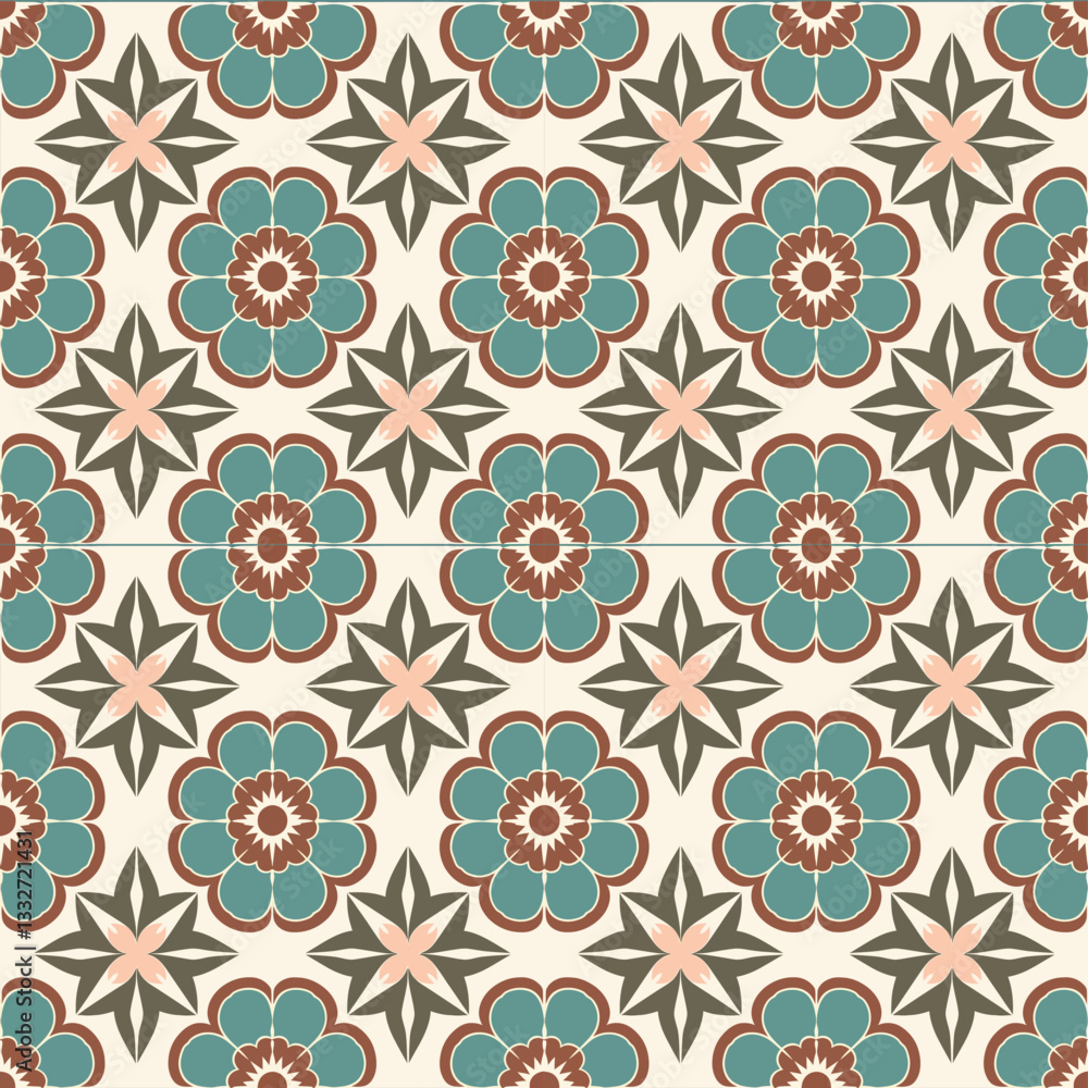 Fototapeta premium Vintage Orange and Beige Floral Tile Seamless Pattern with Structured Elements