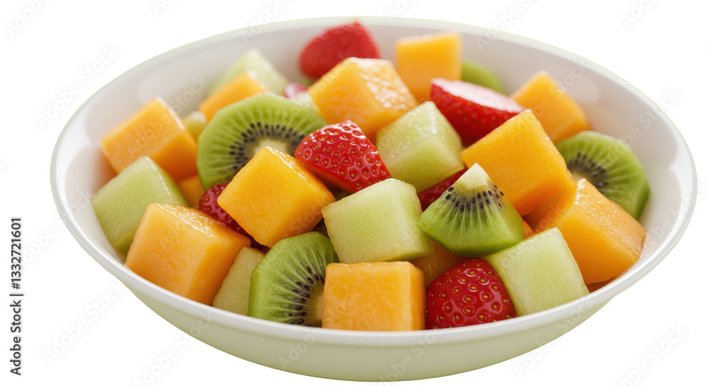 Vibrant fruit salad with tropical mix in a white ceramic bowl close-up Vibrant fruit salad with tropical mix in a white ceramic bowl close-up