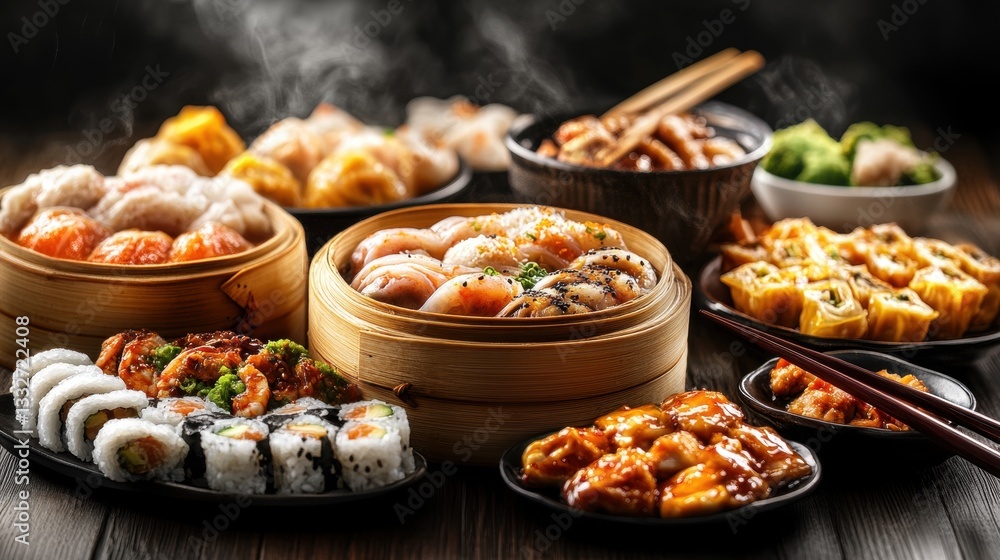 Obraz premium Delicious Asian Cuisine Selection with Sushi, Dim Sum, and Dishes