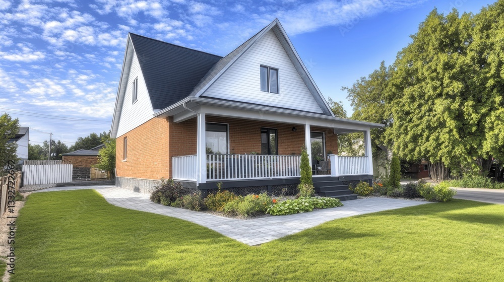Charming Modern House with Lush Lawn and Bright Blue Sky Charming Modern House with Lush Lawn and Bright Blue Sky