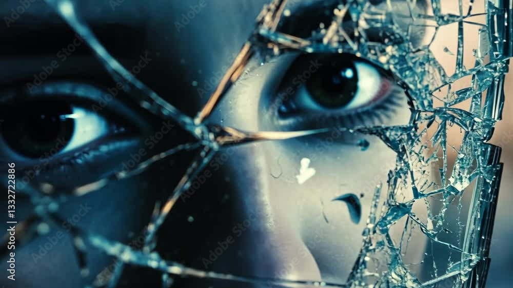 Shattered Reflections: A woman's face seen through a fractured mirror, symbolizing vulnerability and resilience.