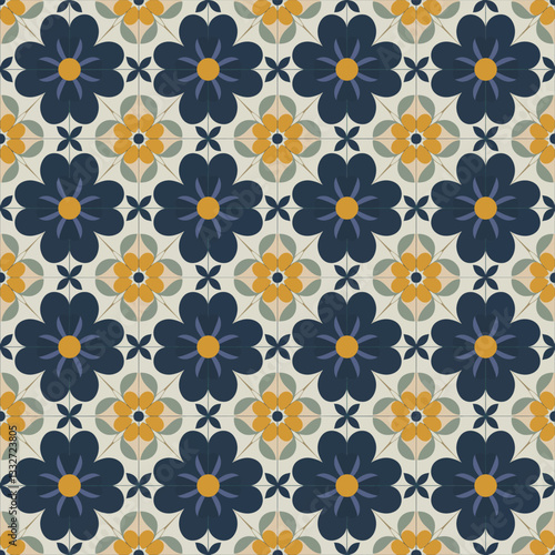 Classic Navy and Yellow Floral Tile Seamless Pattern with Retro Accents