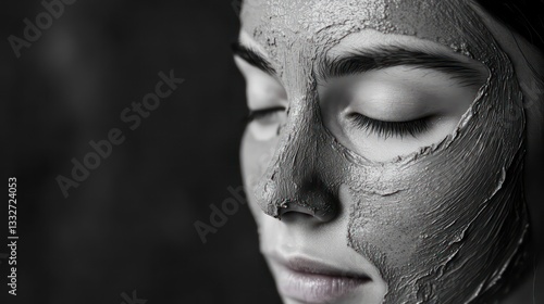 Close-up of woman with clay face mask for skincare routine and self-care photo