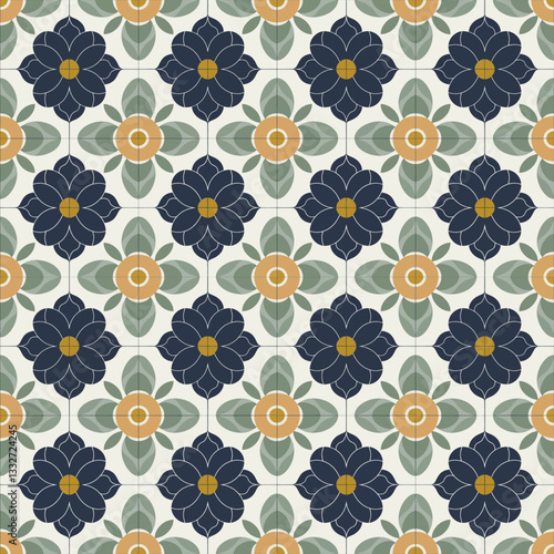 Wallpaper Mural Classic Navy and Beige Ornamental Tile Seamless Pattern with Structured Layout Torontodigital.ca