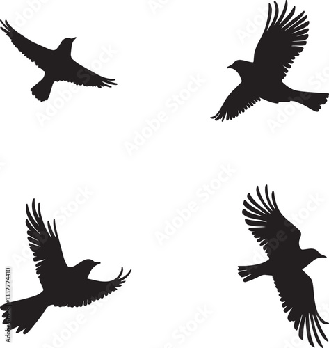 This artwork is digitally enhanced using AI and manually edited for quality. Flying Bird Silhouettes - Set of Four Black Bird Illustrations in Flight.