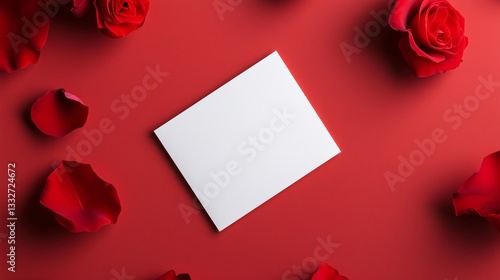 White card on a red background surrounded by scattered rose petals and fresh red roses.