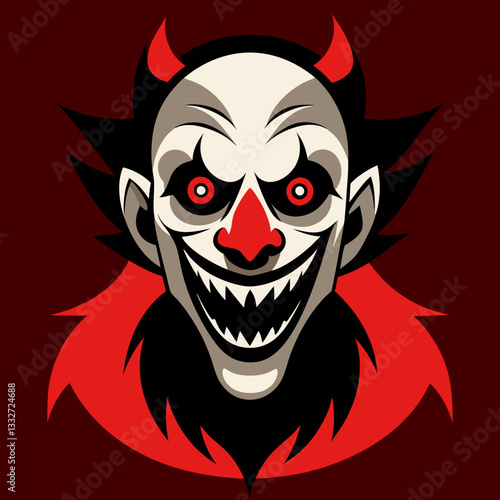 Red Devil Face Creepy Clown Face with Eerie Grin – Bold Vector Horror Design