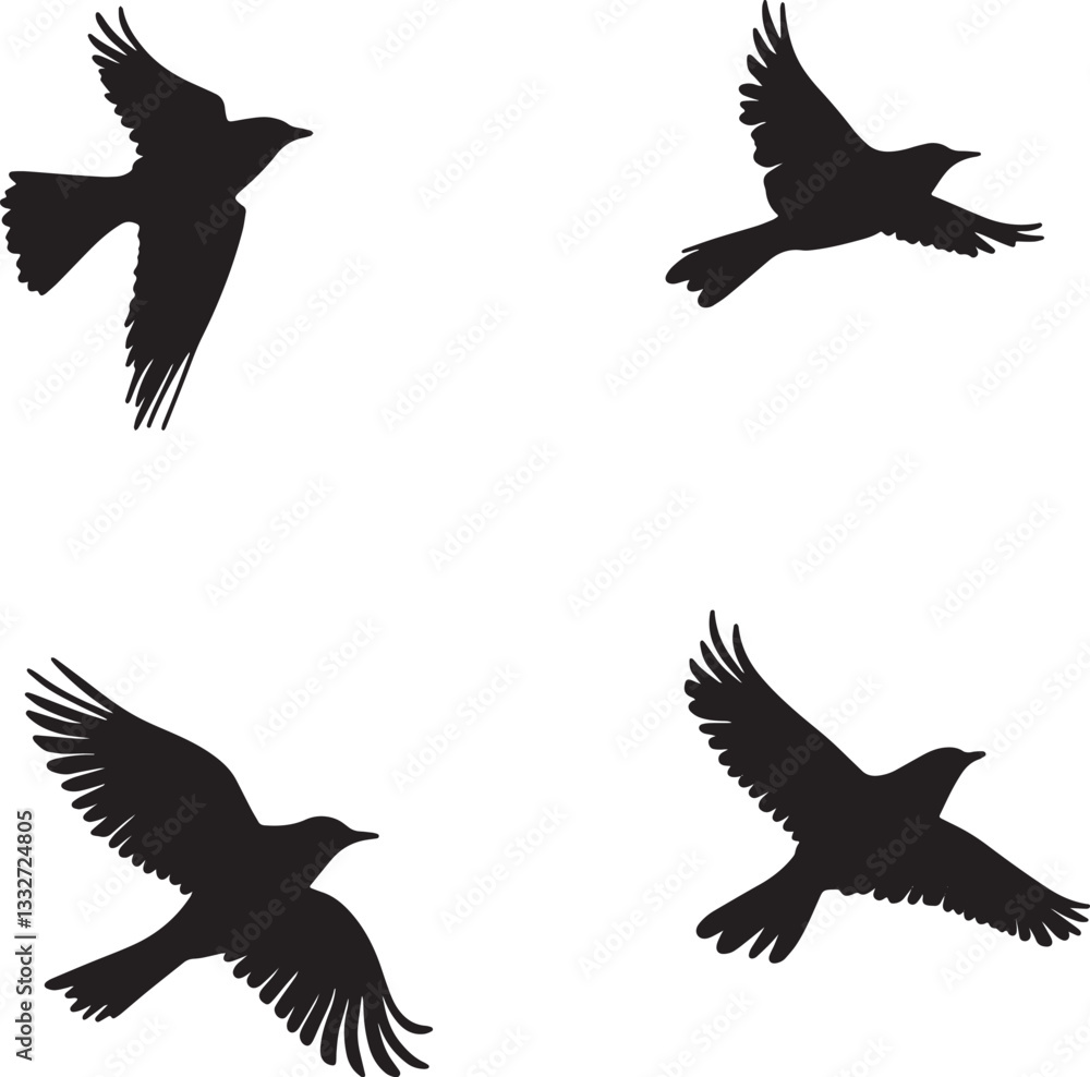 Fototapeta premium This artwork is digitally enhanced using AI and manually edited for quality. Flying Bird Silhouettes - Set of Four Black Bird Illustrations in Flight.