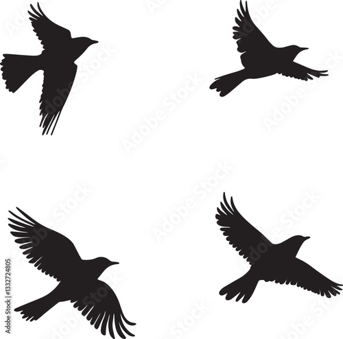 This artwork is digitally enhanced using AI and manually edited for quality. Flying Bird Silhouettes - Set of Four Black Bird Illustrations in Flight.