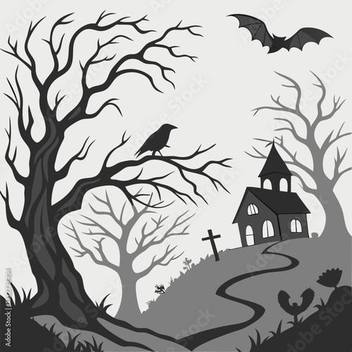 A haunted forest with a full moon and creepy silhouettes of crows, bats, and a haunted house in a spooky vector composition.