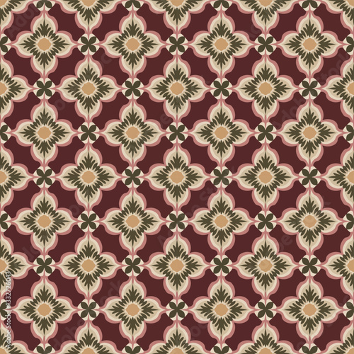 Elegant Burgundy and Beige Floral Tile Seamless Pattern with Retro Accents