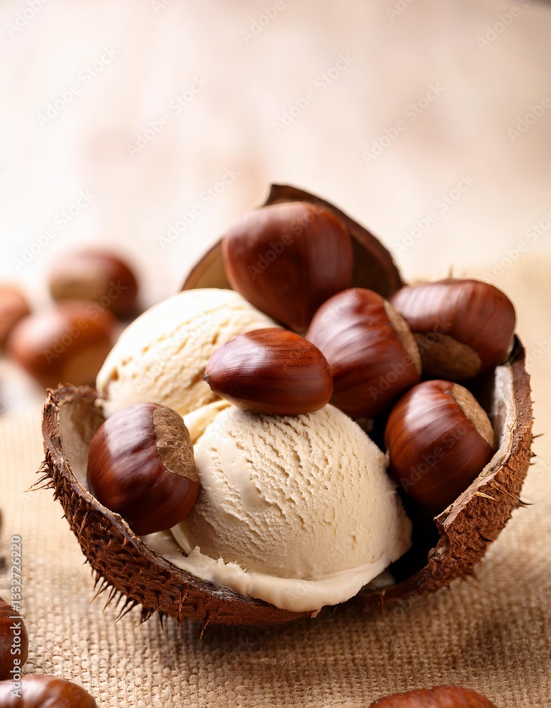 Chestnut flavored ice cream displayed on chestnut shell with chestnuts Chestnut flavored ice cream displayed on chestnut shell with chestnuts