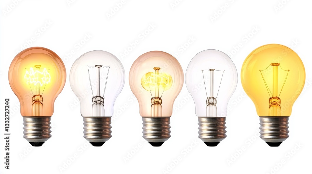 Five Light Bulbs Illuminating Ideas, Gradient Composition, 3D Render, Bulb Stages. Lightbulb, Idea, Innovation Five Light Bulbs Illuminating Ideas, Gradient Composition, 3D Render, Bulb Stages. Lightbulb, Idea, Innovation