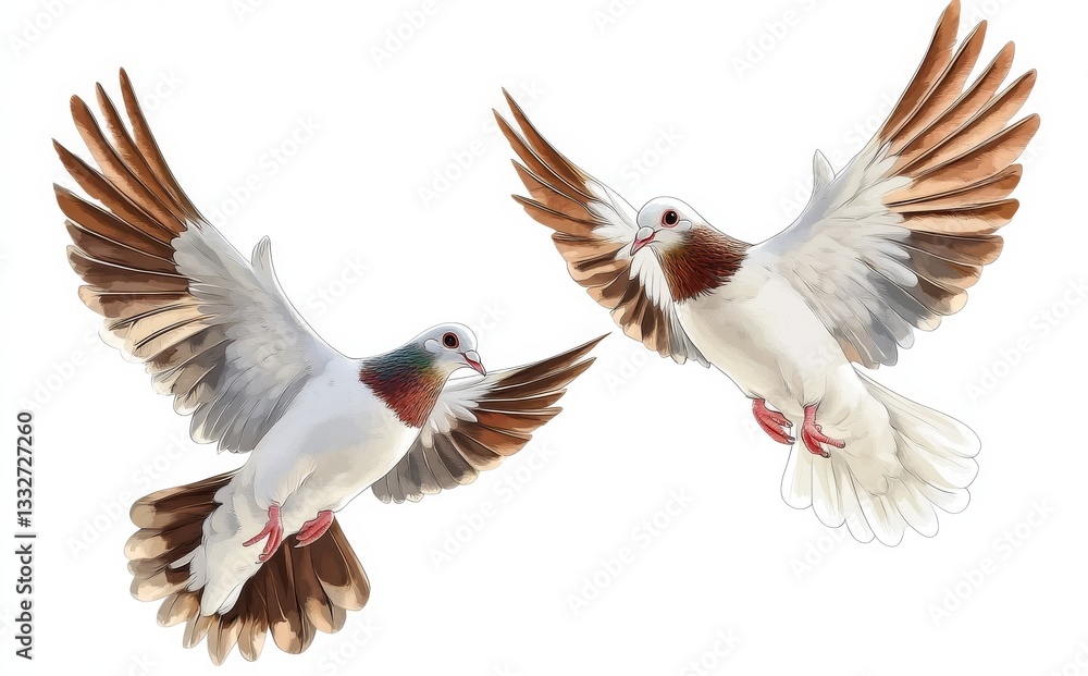 Fototapeta premium Digital Painting Two Pigeons in Flight, Brown and White Wings, Bird Art, Avian Illustration Pigeon, Digital Art