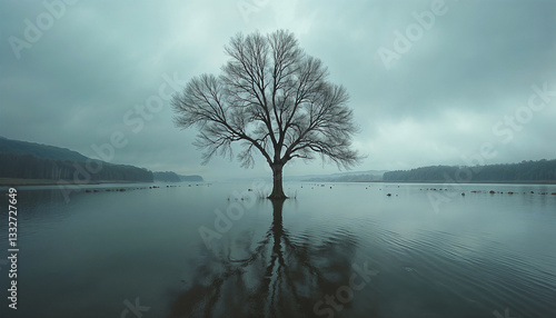 Lonely tree standing in a flooded plain with reflections on still water under a cloudy sky